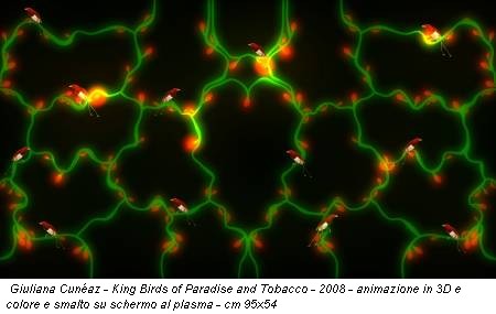Giuliana Cunéaz - King Birds of Paradise and Tobacco - 2008 - animazione in 3D e colore e smalto su schermo al plasma - cm 95x54