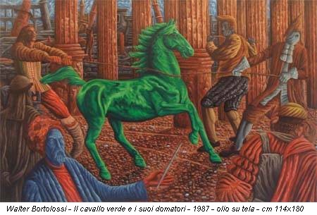 Walter Bortolossi - Il cavallo verde e i suoi domatori - 1987 - olio su tela - cm 114x180