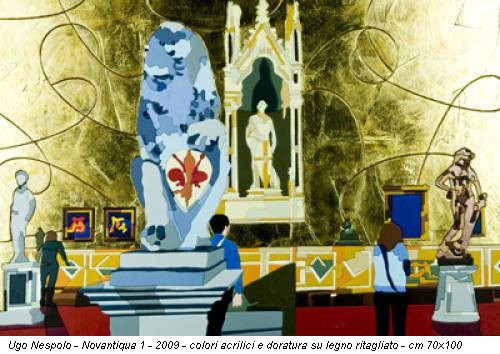 Ugo Nespolo - Novantiqua 1 - 2009 - colori acrilici e doratura su legno ritagliato - cm 70x100