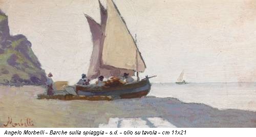 Angelo Morbelli - Barche sulla spiaggia - s.d. - olio su tavola - cm 11x21