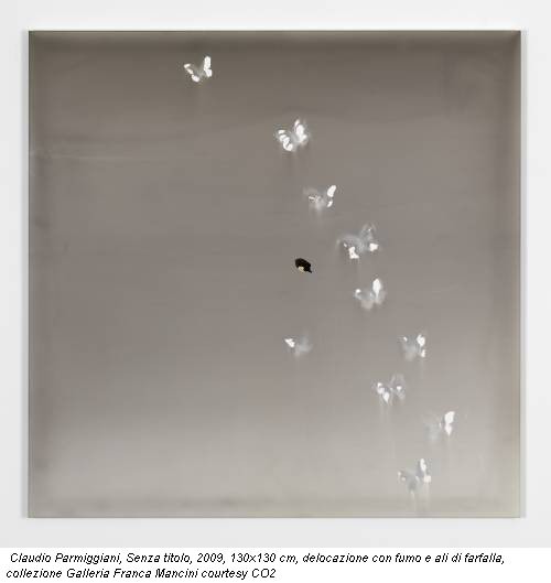 Claudio Parmiggiani, Senza titolo, 2009, 130x130 cm, delocazione con fumo e ali di farfalla, collezione Galleria Franca Mancini courtesy CO2