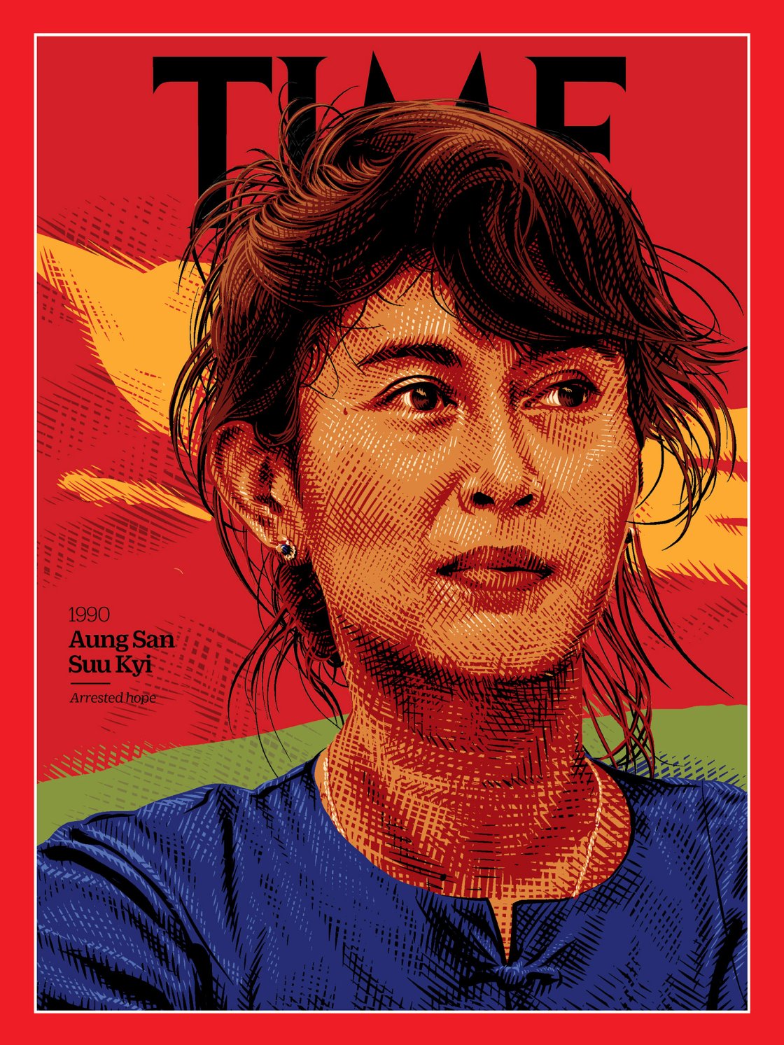 Aung San Suu Kyi: premio Nobel per la pace, politica birmana attiva sul fronte dei diritti umani Illustration by Tracie Ching for TIME; Sandro Tucci—The LIFE Images Collection/Getty)
