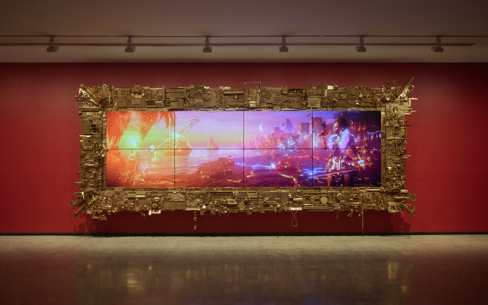 Serwah Attafuah, Between this World & the Next, 2023–24, installation view, 24th Biennale of Sydney: Ten Thousand Suns, Museum of Contemporary Art Australia, 2024, digital 3D render, e-waste, wood, enamel, image courtesy and © the artist, photograph: Hamish McIntosh