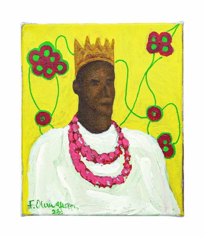Famakinka Olunafemi (Nigeria, France / Nigeria, Francia), Un re senza trono, 2023, Acrilico su tela, 12x10 cm. Courtesy: Fondazione Imago Mundi, 2024