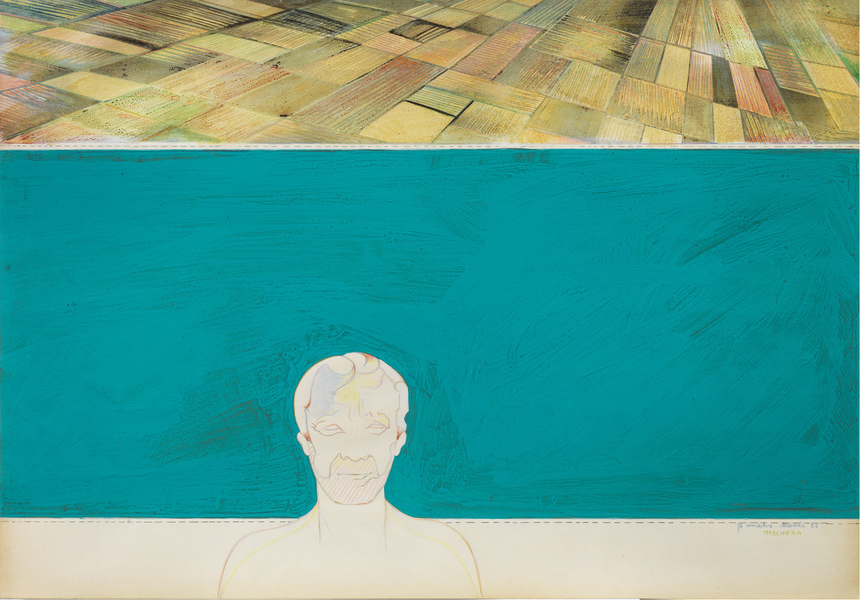 Renato Mambor, Gli osservatori (Maschera), 1983, tecnica mista su cartone, 71 x 101 cm Courtesy Tornabuoni Arte
